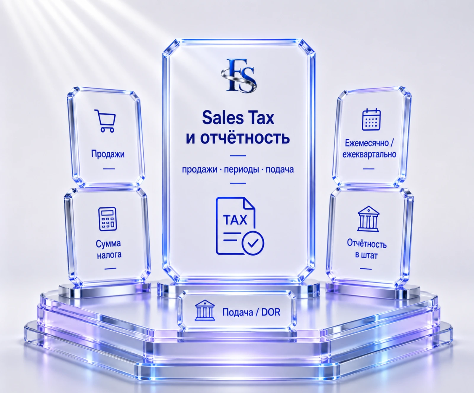 Визуал услуги Sales Tax и DOR: данные продаж, периоды отчётности, документы DOR и подтверждения оплат