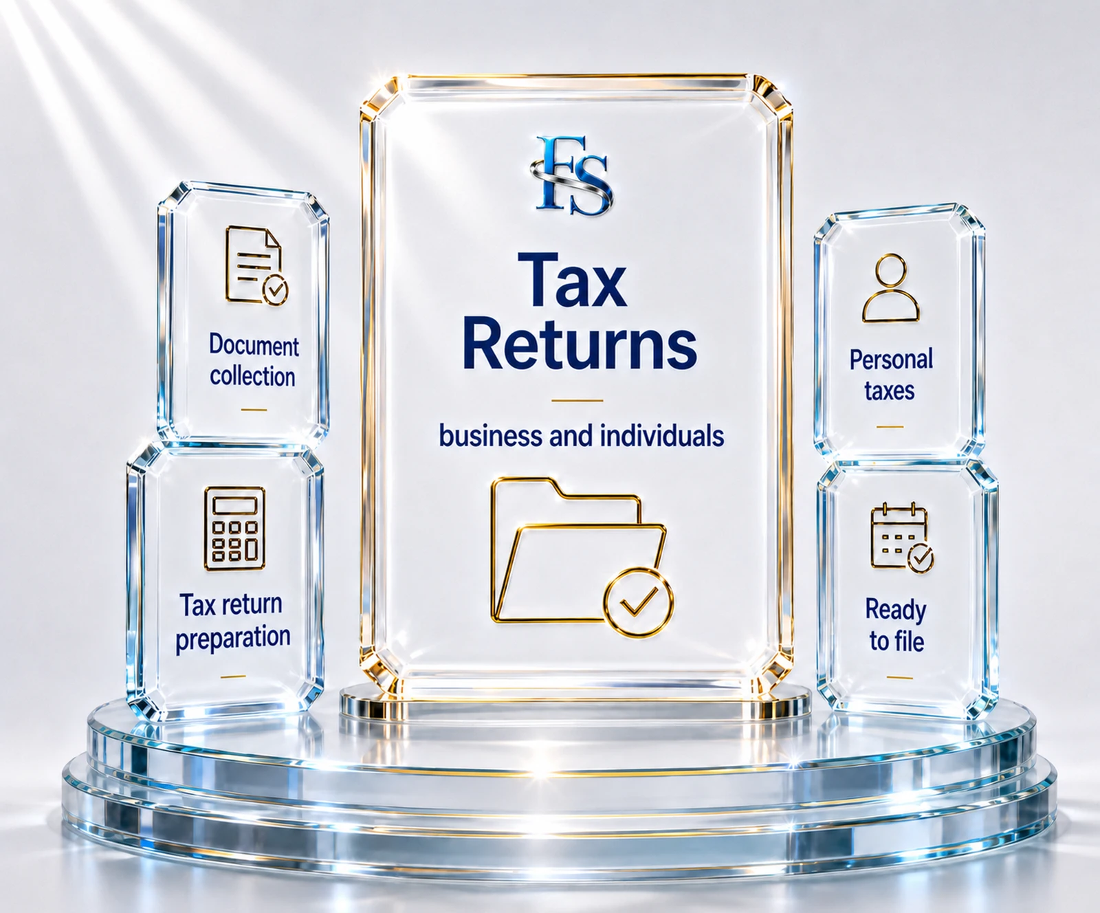Tax-year document packet with filing checklist, W-2 and 1099 labels, prior-year return layer, and business records