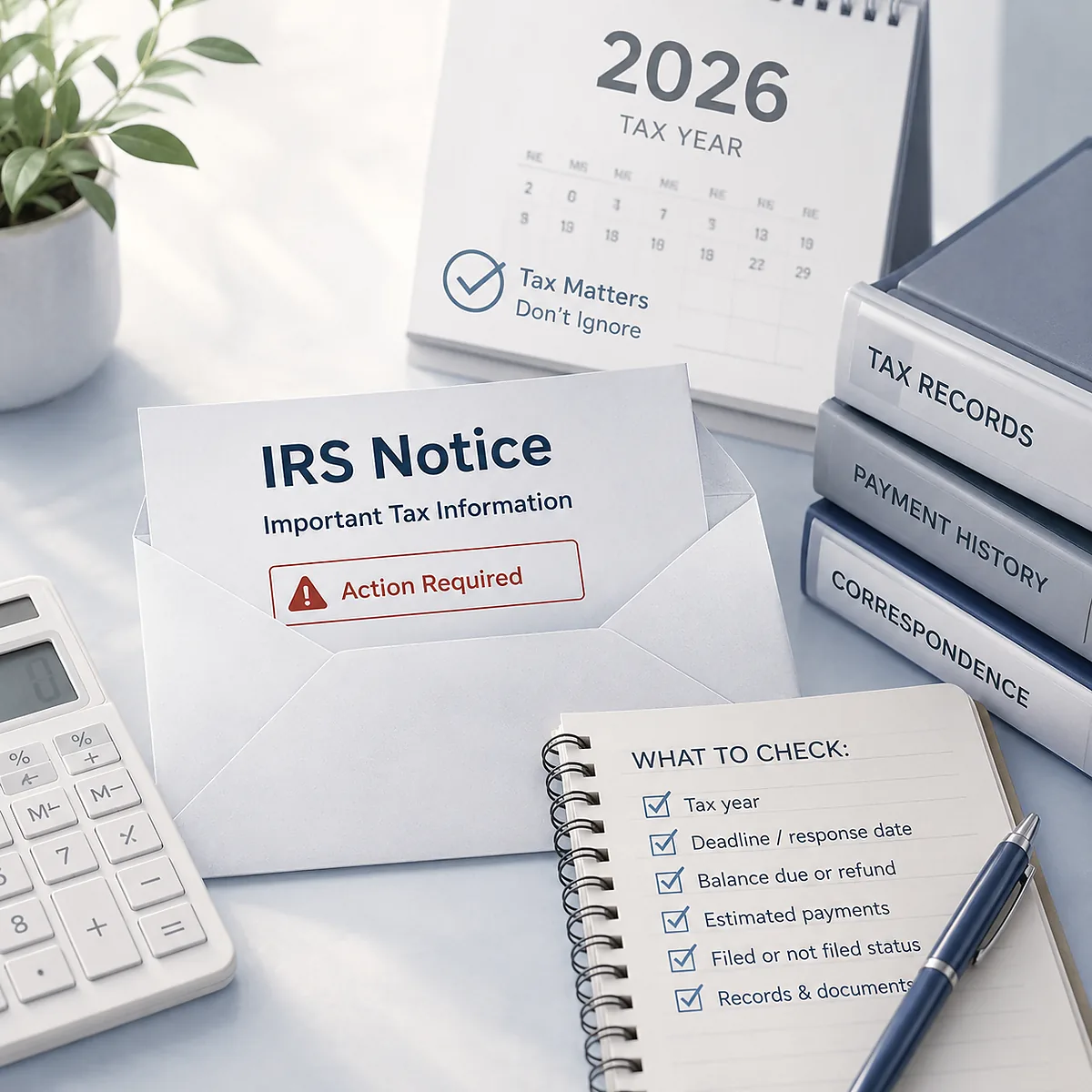 IRS notice and 2026 tax deadline document checklist with tax records and payment history folders