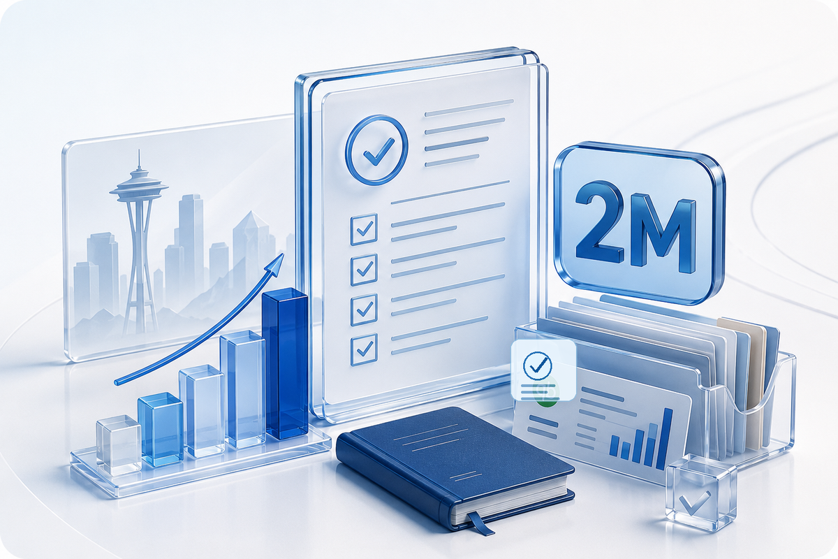 Glass-style bookkeeping and Seattle B&O tax filing readiness illustration with revenue records and $2 million threshold cue